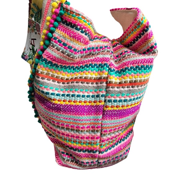 NWT America and Beyond Flamingo Bird Toucan Beaded Pom Embroidered Beach Tote - Picture 7 of 9